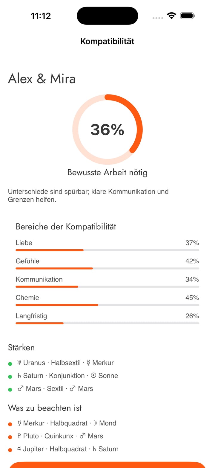 Öffne Geburtshoroskop, wechsle zu Kompatibilität und wähle zwei Personen.