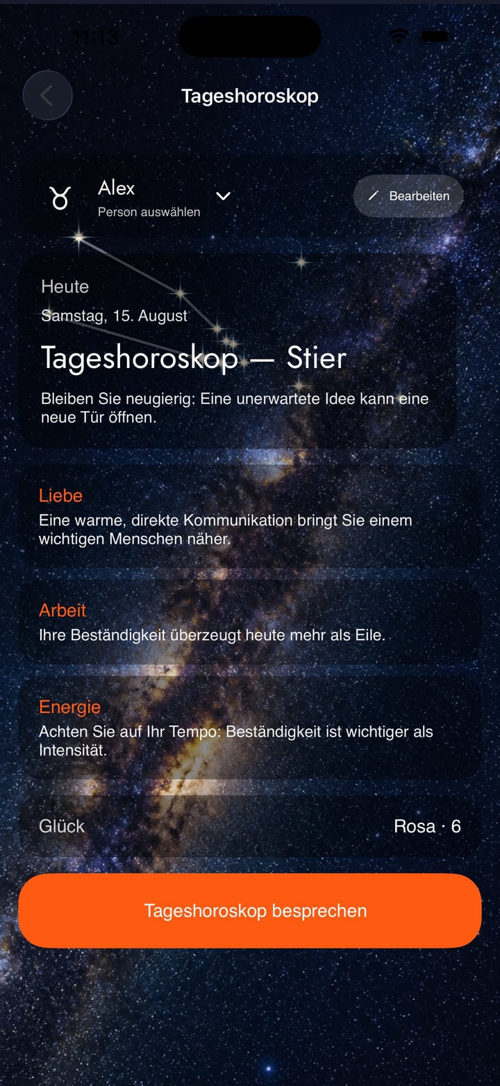 Öffne die Karte, den Vergleich oder das Horoskop, über das du sprechen willst.