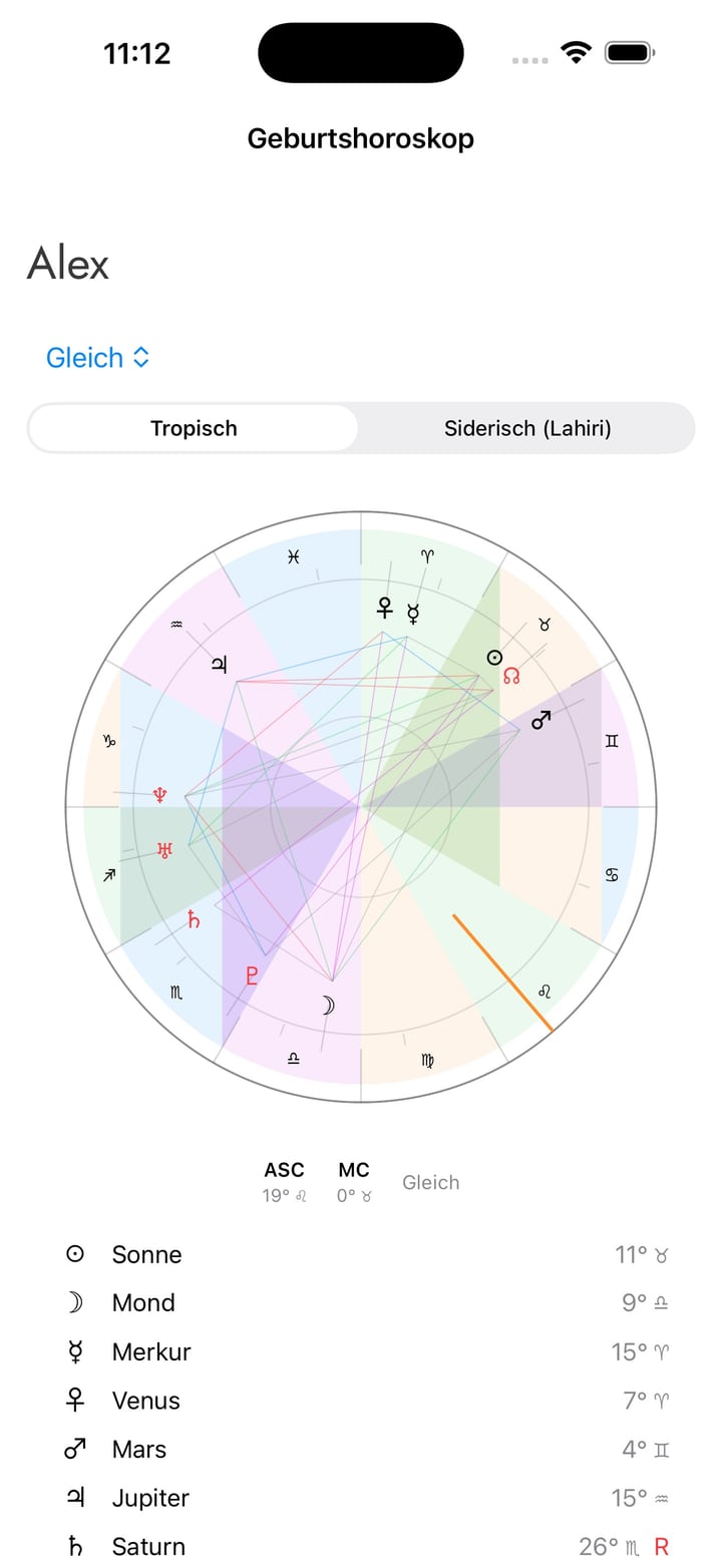 Öffne Geburtshoroskop und wähle ein Profil oder füge eines hinzu.
