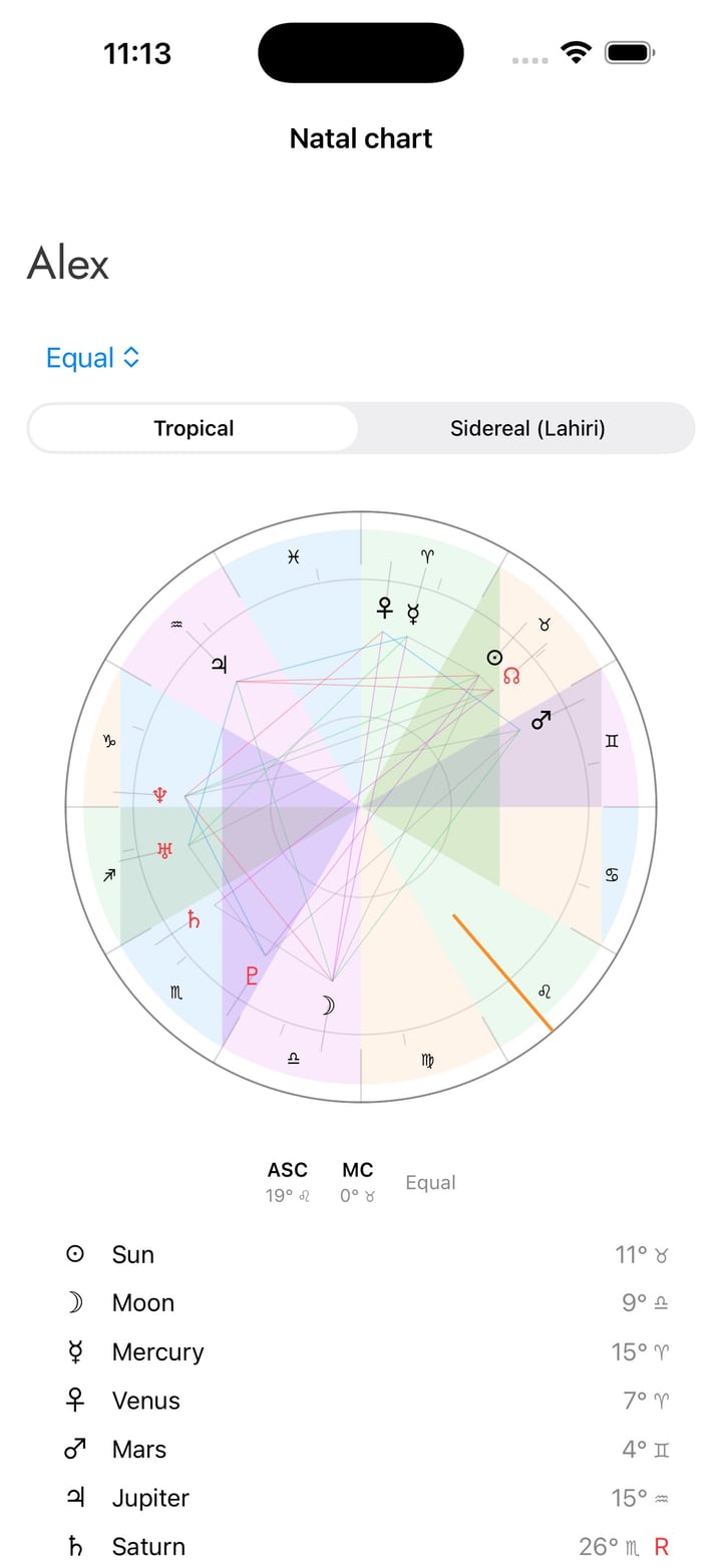 Open Natal Chart and choose a saved birth profile or add one.