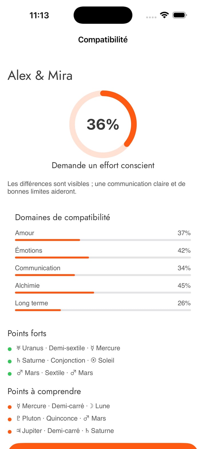 Ouvrez Thème astral, passez à Compatibilité et choisissez deux personnes.