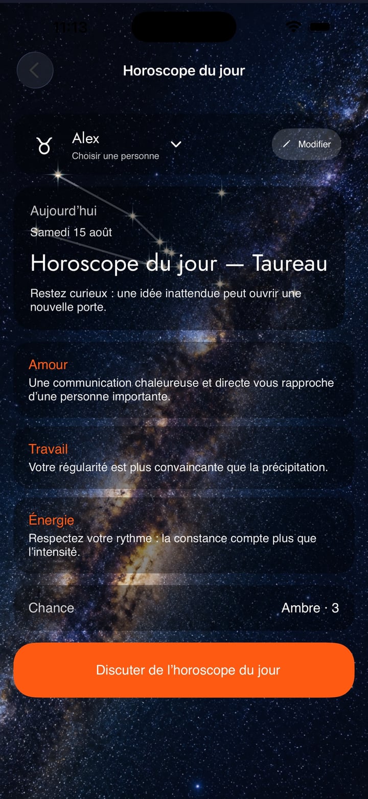 Ouvrez le thème, le rapport ou l’horoscope que vous souhaitez approfondir.