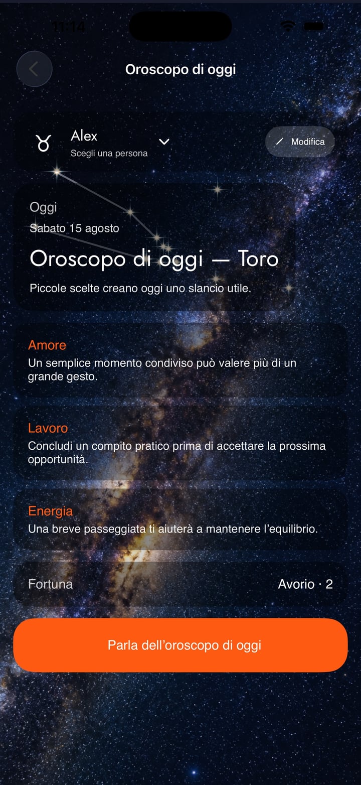 Continua da tema natale, compatibilità o oroscopo in una chat che riceve il risultato visualizzato.
