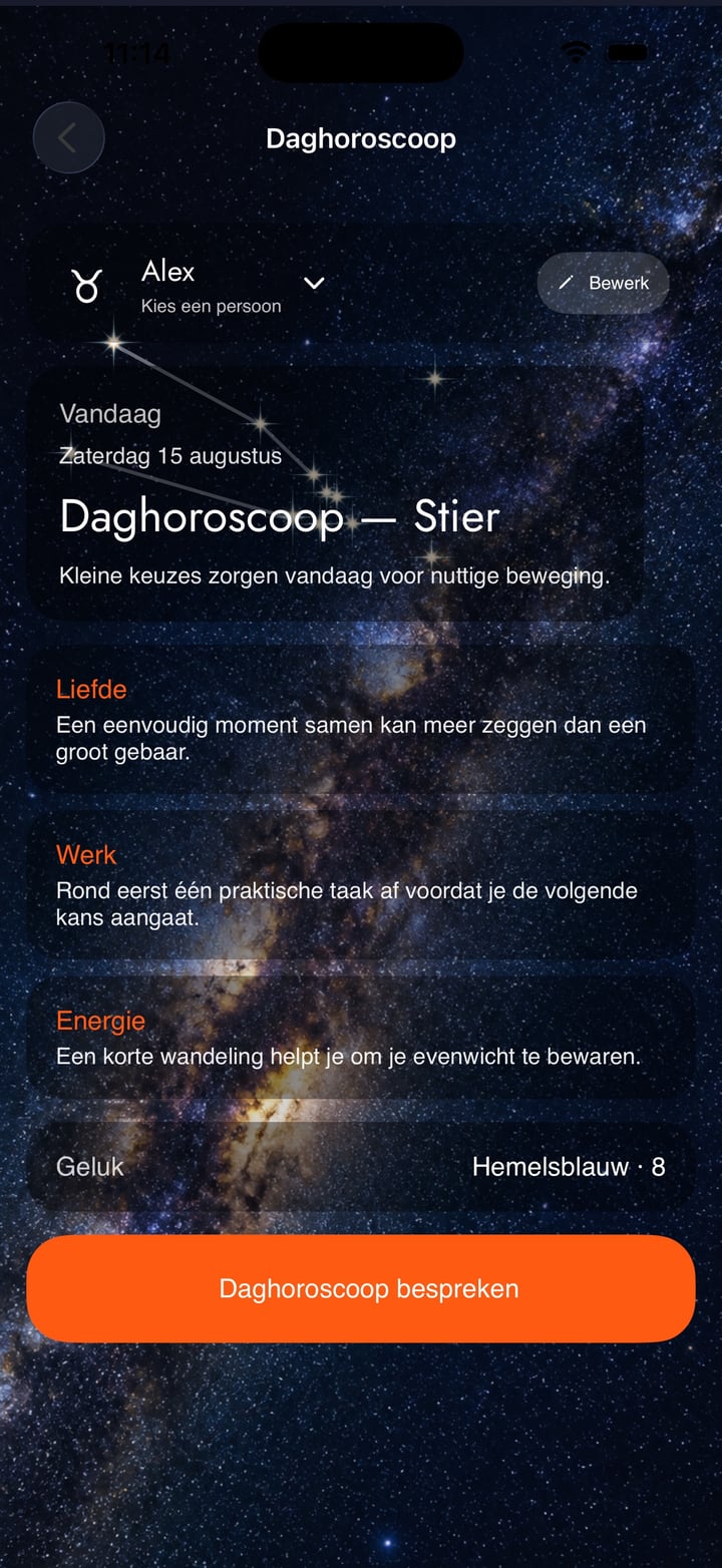 Ga vanuit geboortehoroscoop, compatibiliteit of daghoroscoop naar een chat die het huidige resultaat meekrijgt.