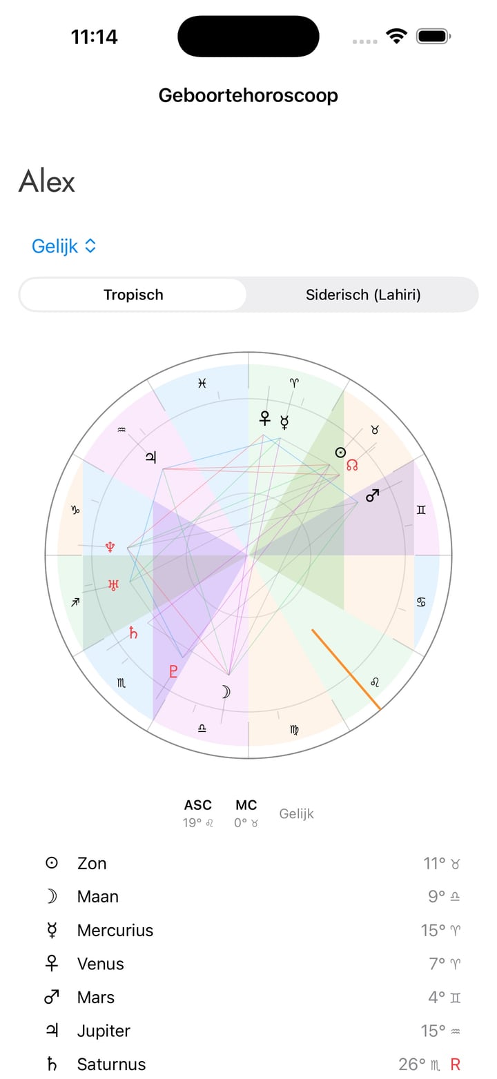 Maak een persoonlijke geboortehoroscoop met datum, exacte tijd, stad en land en bekijk wiel, planeten, huizen, aspecten en uitleg.