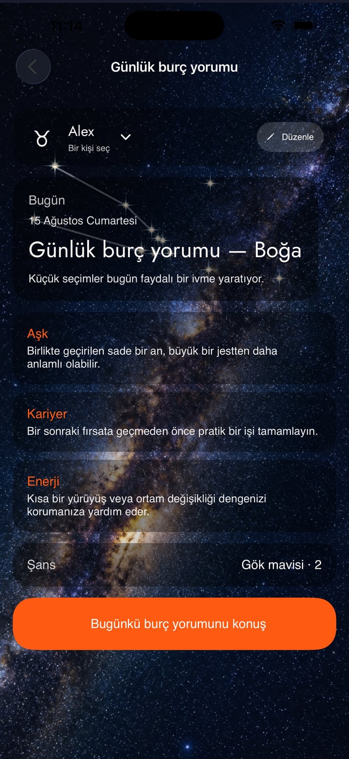 Doğum haritası, uyum veya günlük burçtan, görüntülediğin sonucu bağlam olarak alan özel sohbete geç.